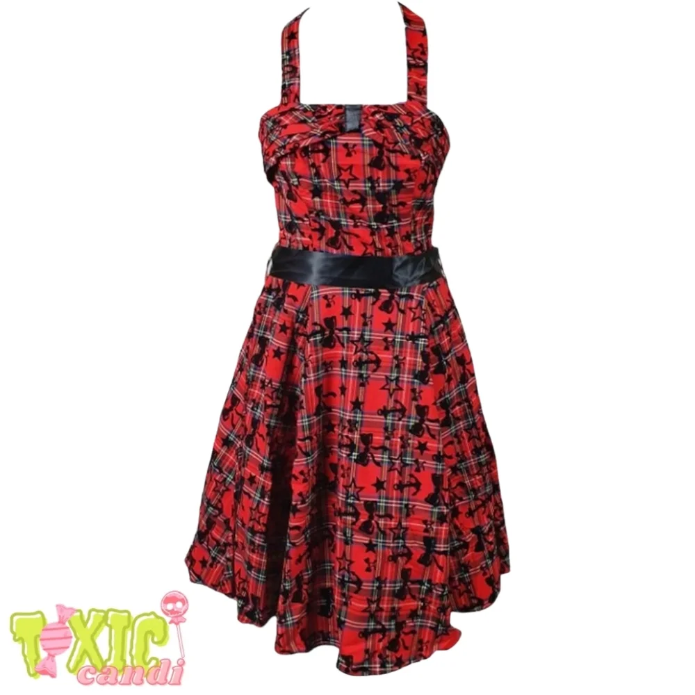 🖤 Red Tartan Tattoo Print Dress 🖤 Retro 🖤 - Picture 1 of 4